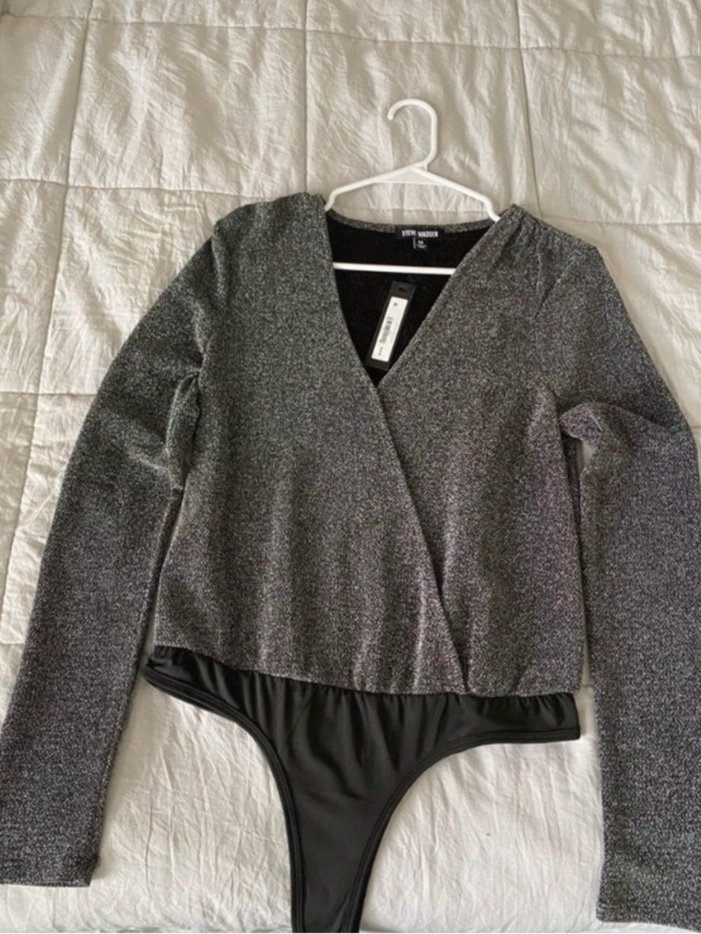 Steve Madden Silver and Black Metallic V-Neck Top